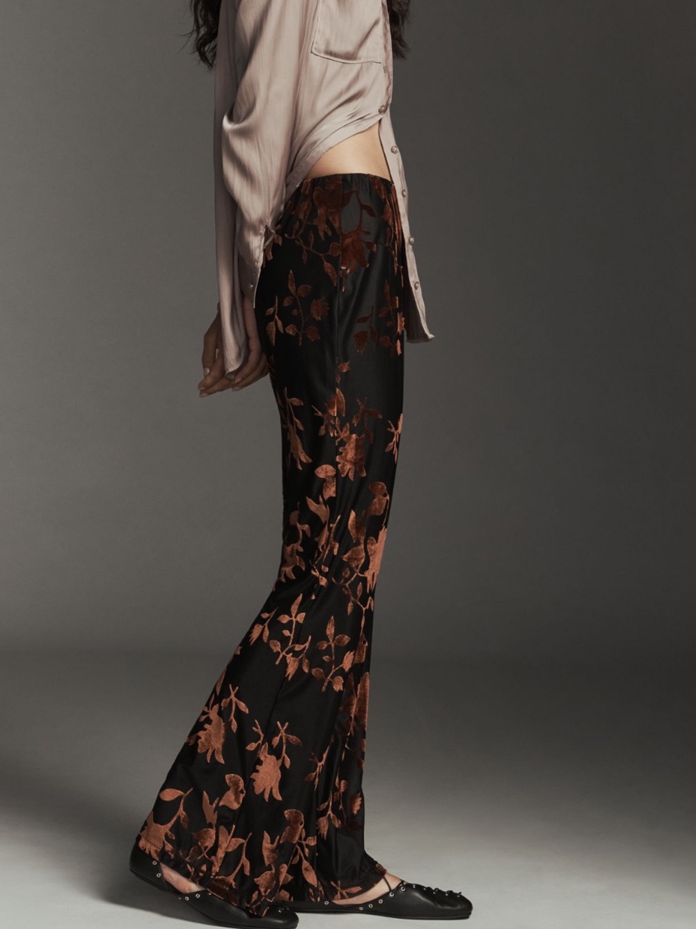 Anthropologie Velvet Flare Pants Hutch Burnout Lined Pull On New XL Black Floral